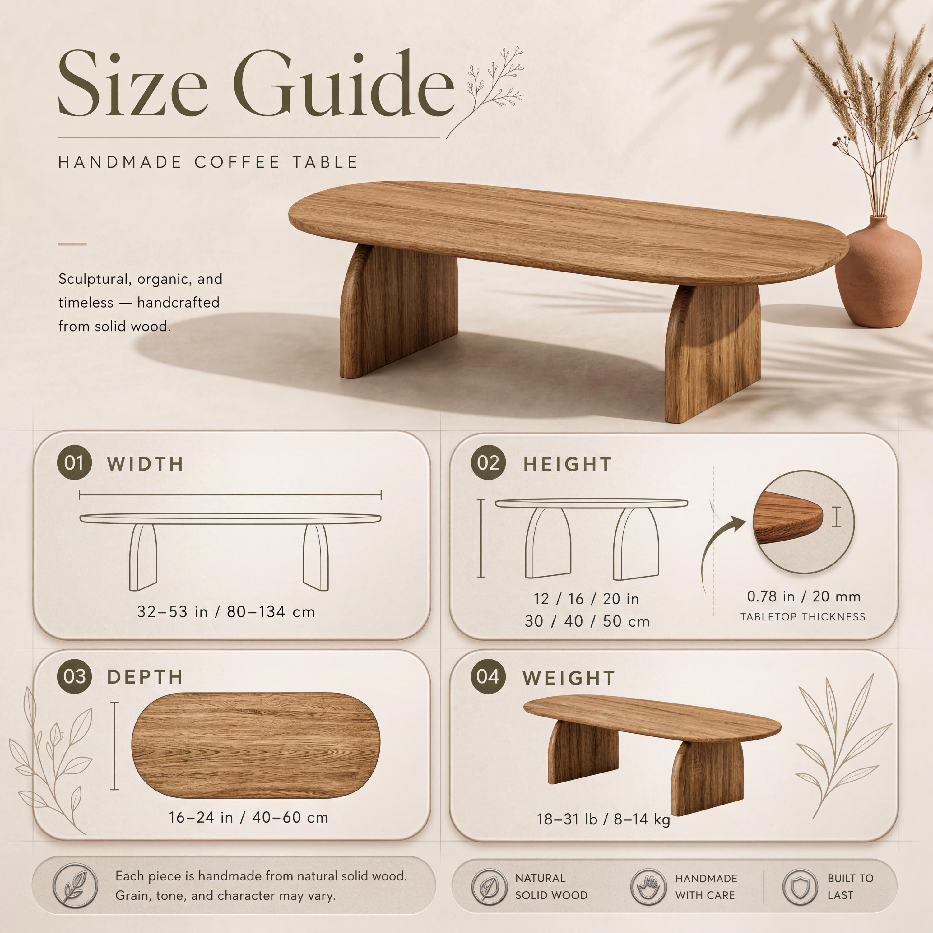 Solid Oak Coffee Table, Organic Modern Japandi Coffee Table, Minimalist Wooden Living Room Table