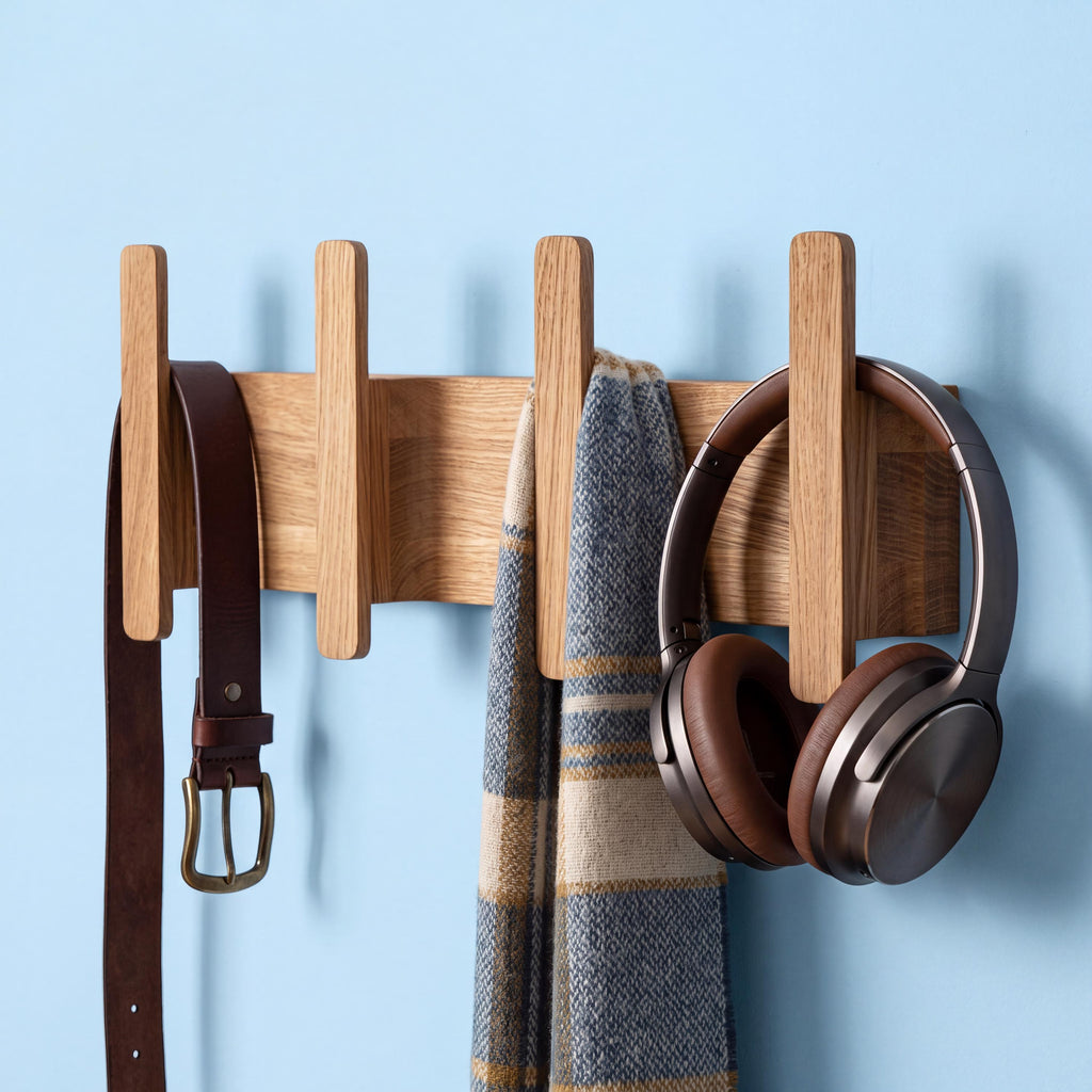 Scandinavian Wooden Wall Coat Rack, Modern Solid Oak Coat Hooks for Entryway, Minimalist Hallway Wall Organizer