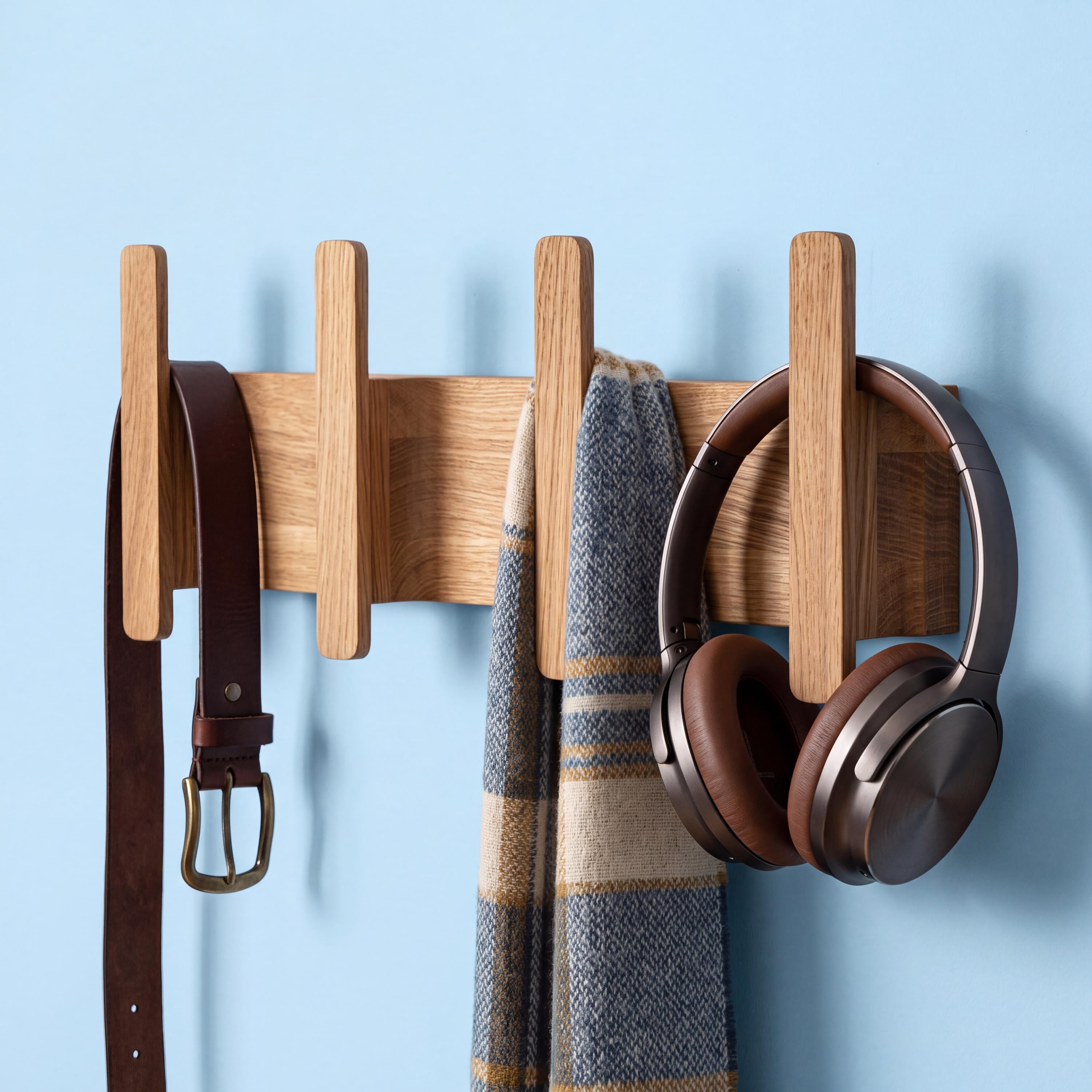 Scandinavian Wooden Wall Coat Rack, Modern Solid Oak Coat Hooks for Entryway, Minimalist Hallway Wall Organizer