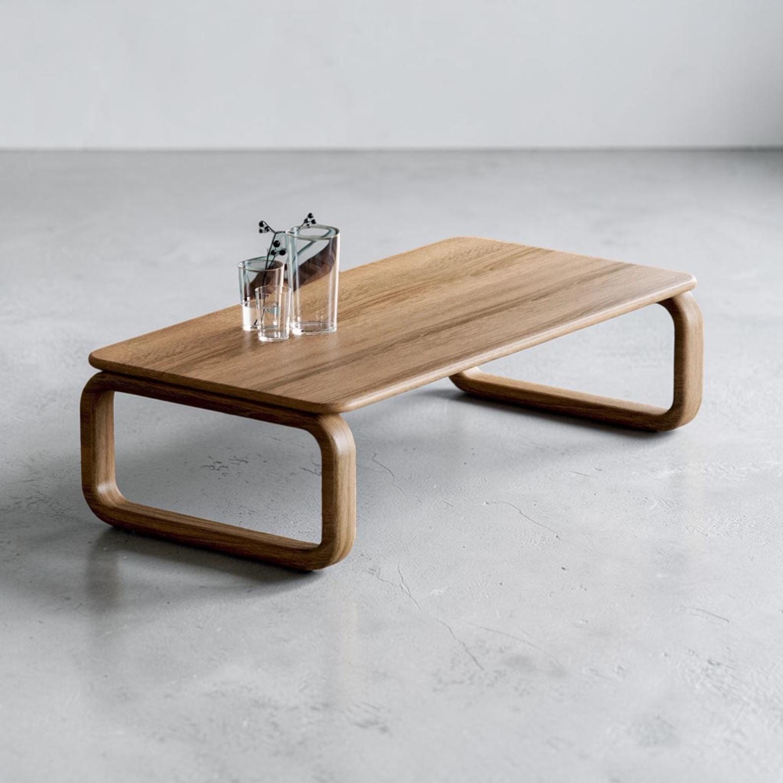 Solid Oak Coffee Table, Scandinavian Japandi Coffee Table with Rounded Legs, Minimalist Wooden Living Room Furniture