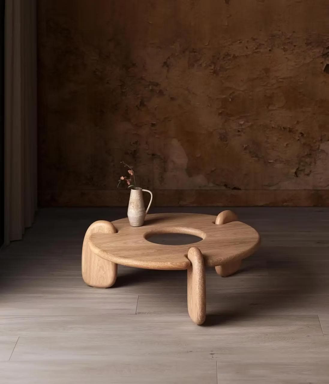 Black Oak Round Coffee Table, Sculptural Japandi Coffee Table, Modern Wooden Living Room Table