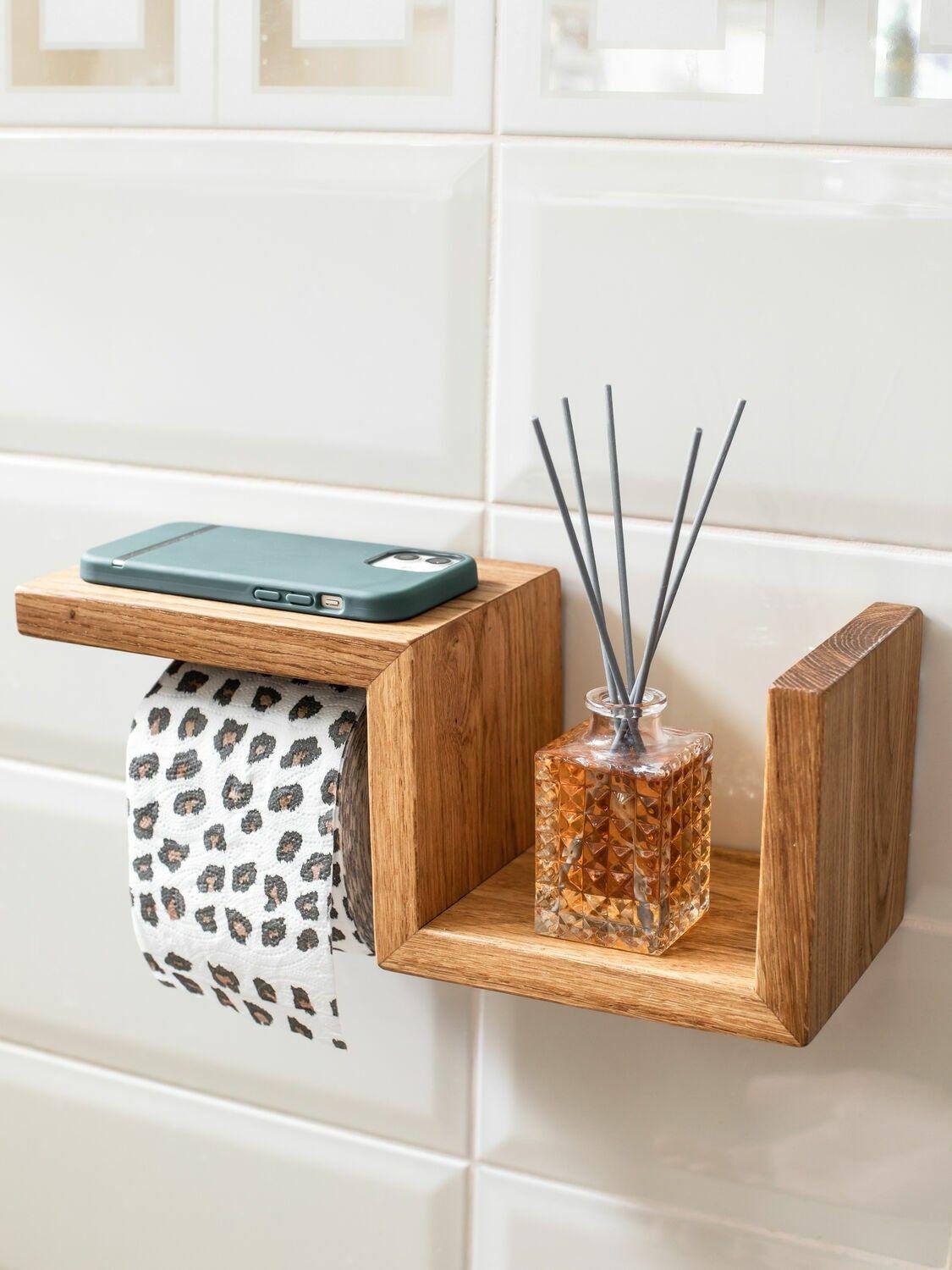 Solid Oak Toilet Paper Holder with Shelf, Wooden Bathroom Organizer, Minimalist Wall Mounted Toilet Roll Holder
