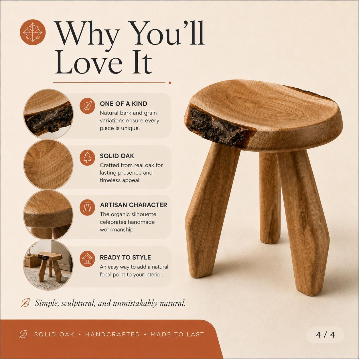 Primitive Solid Oak Stool, Sculptural Wooden Side Table, Rustic Round Seat, Handcrafted Organic Wood Furniture