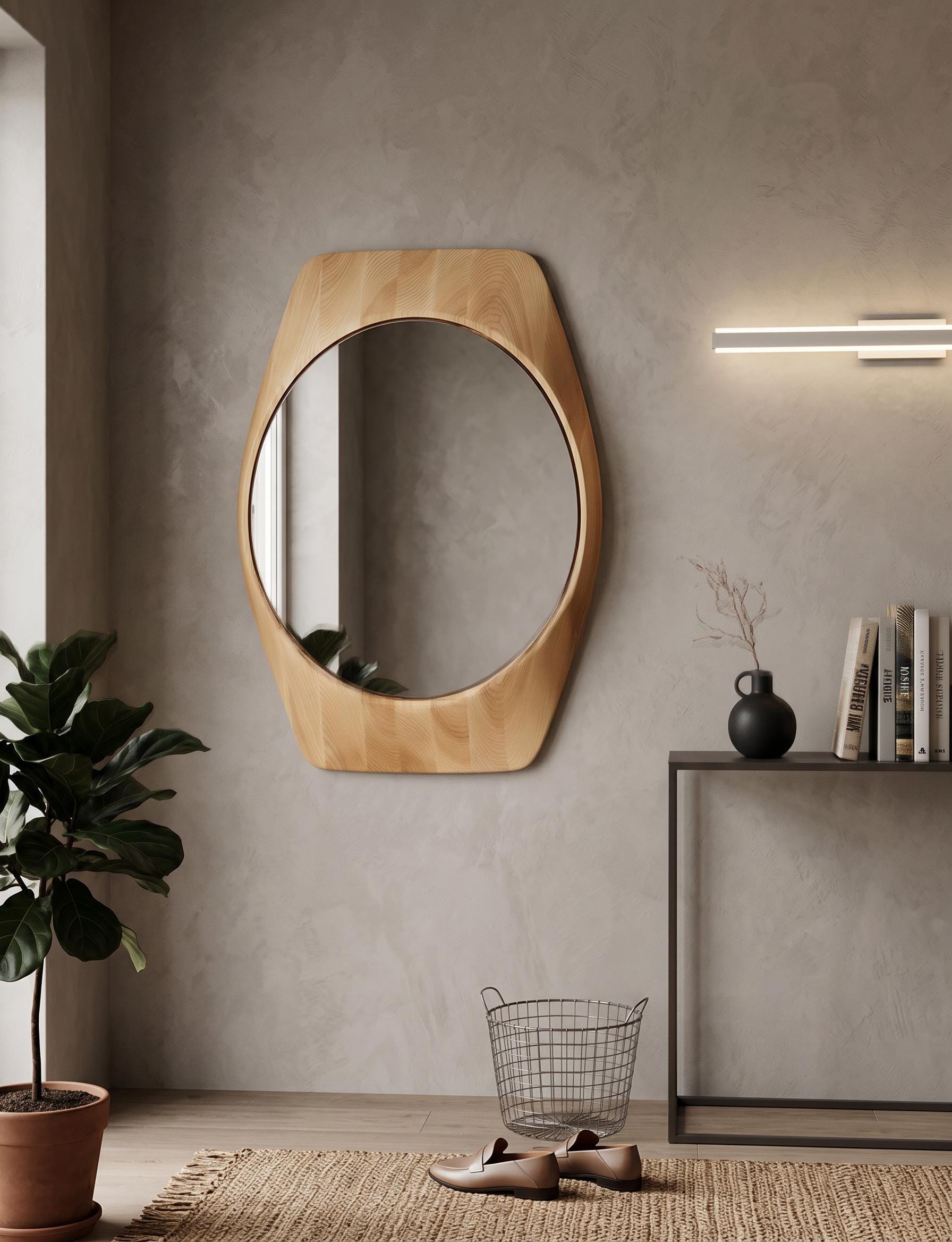 Aurelia Solid Oak Wall Mirror, Handcrafted Wooden Mirror, Round Glass Mirror in Sculpted Oak Frame