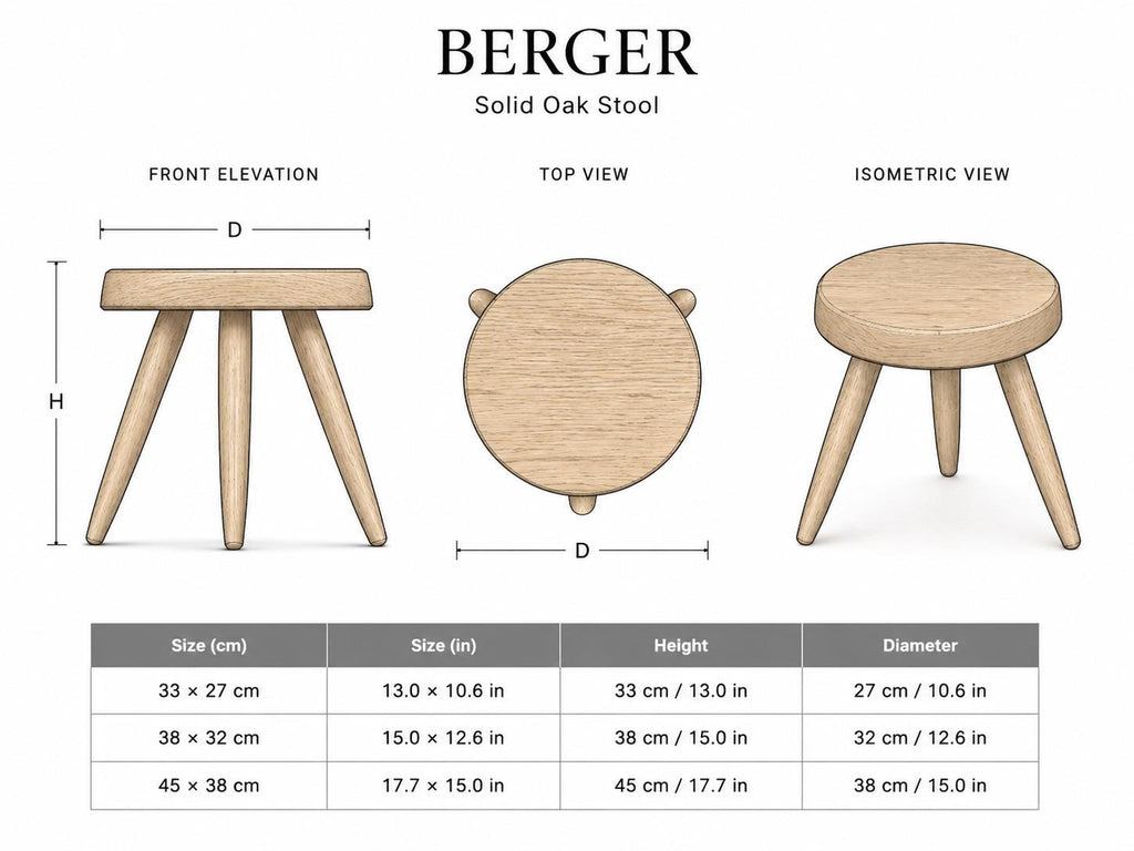 Berger Solid Oak Stool, Charlotte Perriand-Inspired Wooden Accent Seat, Round Minimalist Stool