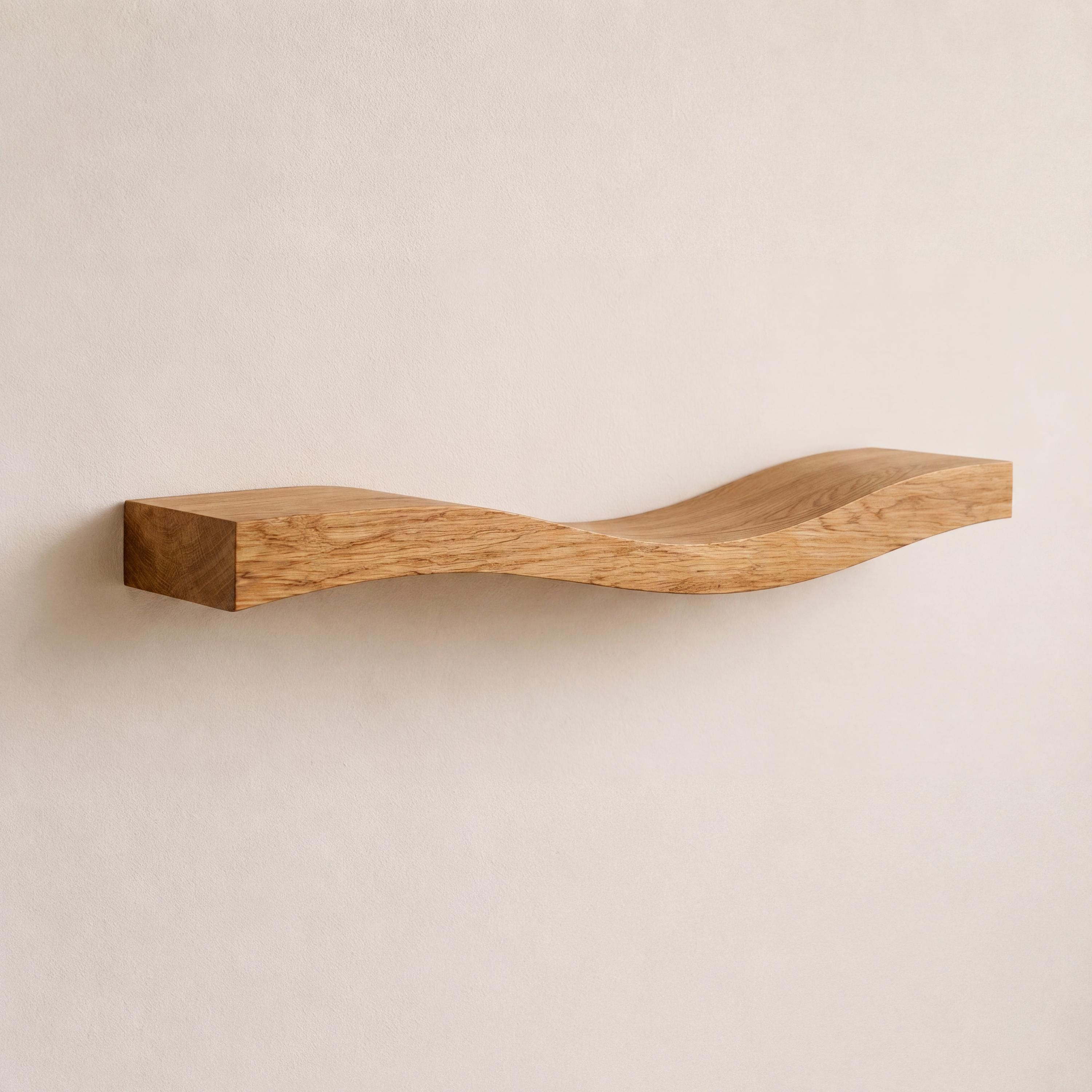 Wave Solid Oak Wall Shelf, Modern Floating Wooden Wall Décor, Minimalist Japandi Display Shelf