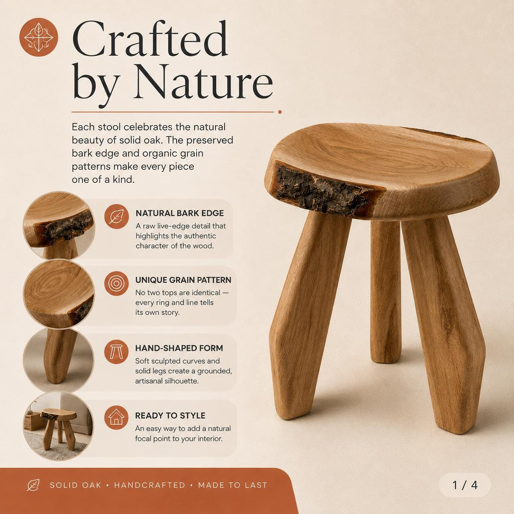 Primitive Solid Oak Stool, Sculptural Wooden Side Table, Rustic Round Seat, Handcrafted Organic Wood Furniture
