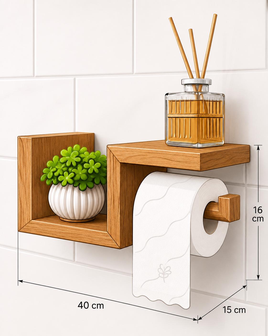 Solid Oak Toilet Paper Holder with Shelf, Wooden Bathroom Organizer, Minimalist Wall Mounted Toilet Roll Holder