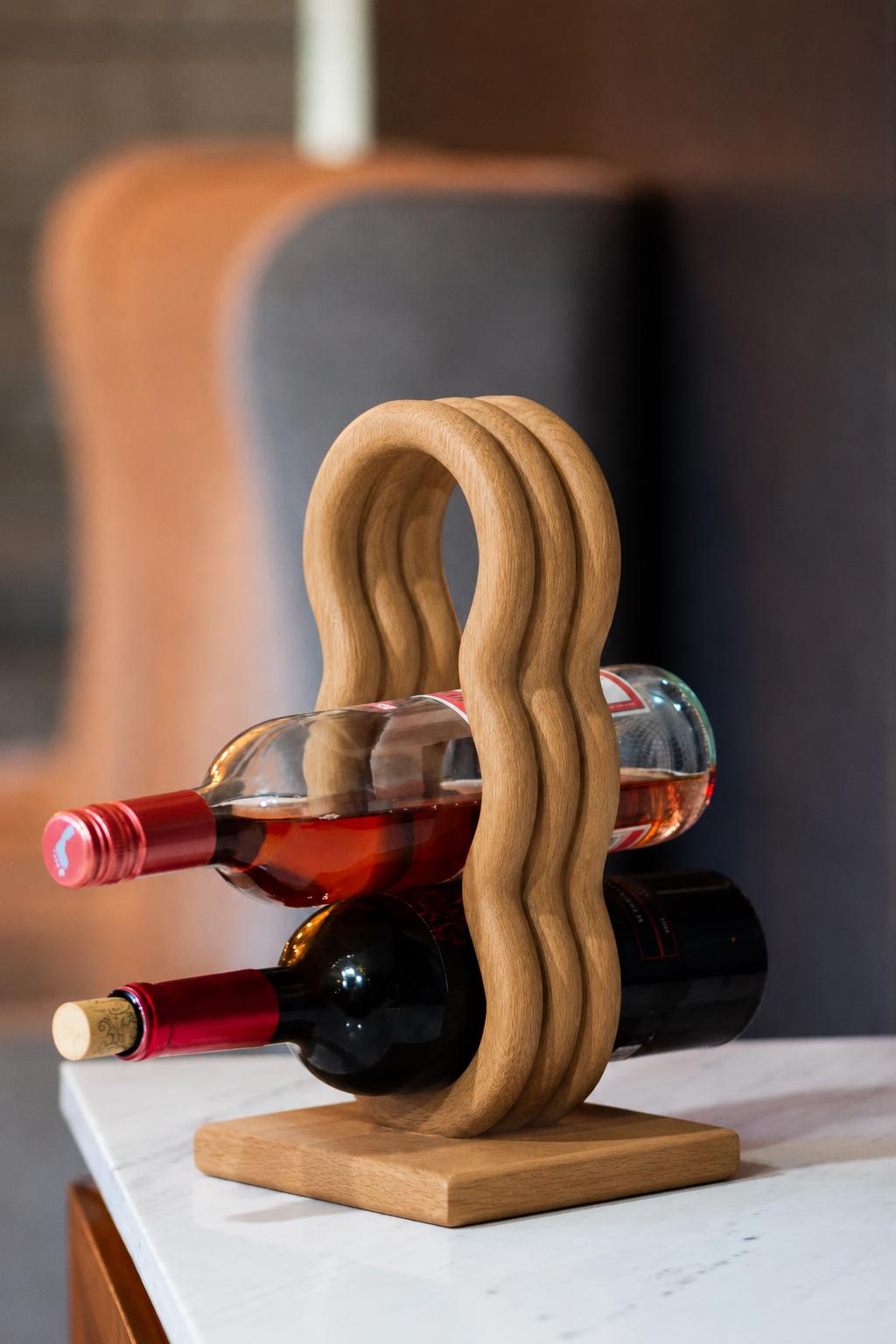 Sculptural Solid Oak Wine Rack, Modern Wave Bottle Holder, Wooden Countertop Wine Rack for 3 Bottles