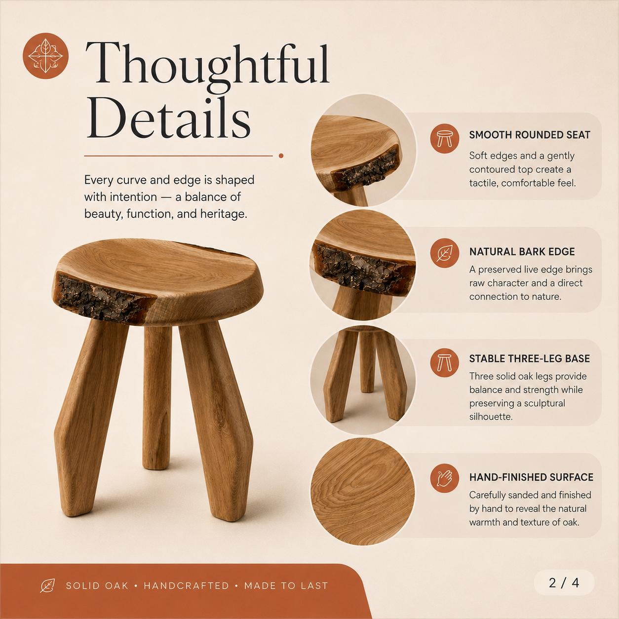 Primitive Solid Oak Stool, Sculptural Wooden Side Table, Rustic Round Seat, Handcrafted Organic Wood Furniture