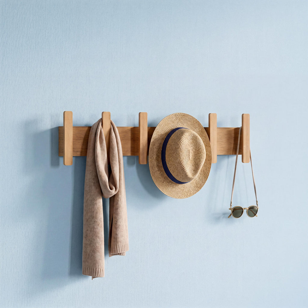 Scandinavian Wooden Wall Coat Rack, Modern Solid Oak Coat Hooks for Entryway, Minimalist Hallway Wall Organizer