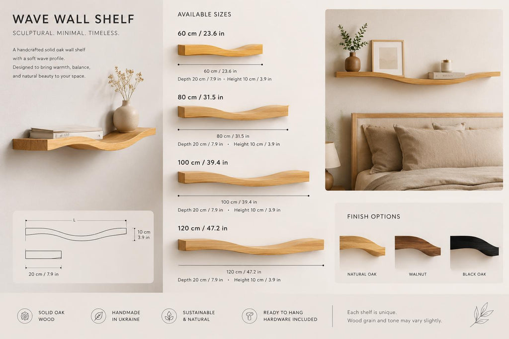 Wave Solid Oak Wall Shelf, Modern Floating Wooden Wall Décor, Minimalist Japandi Display Shelf