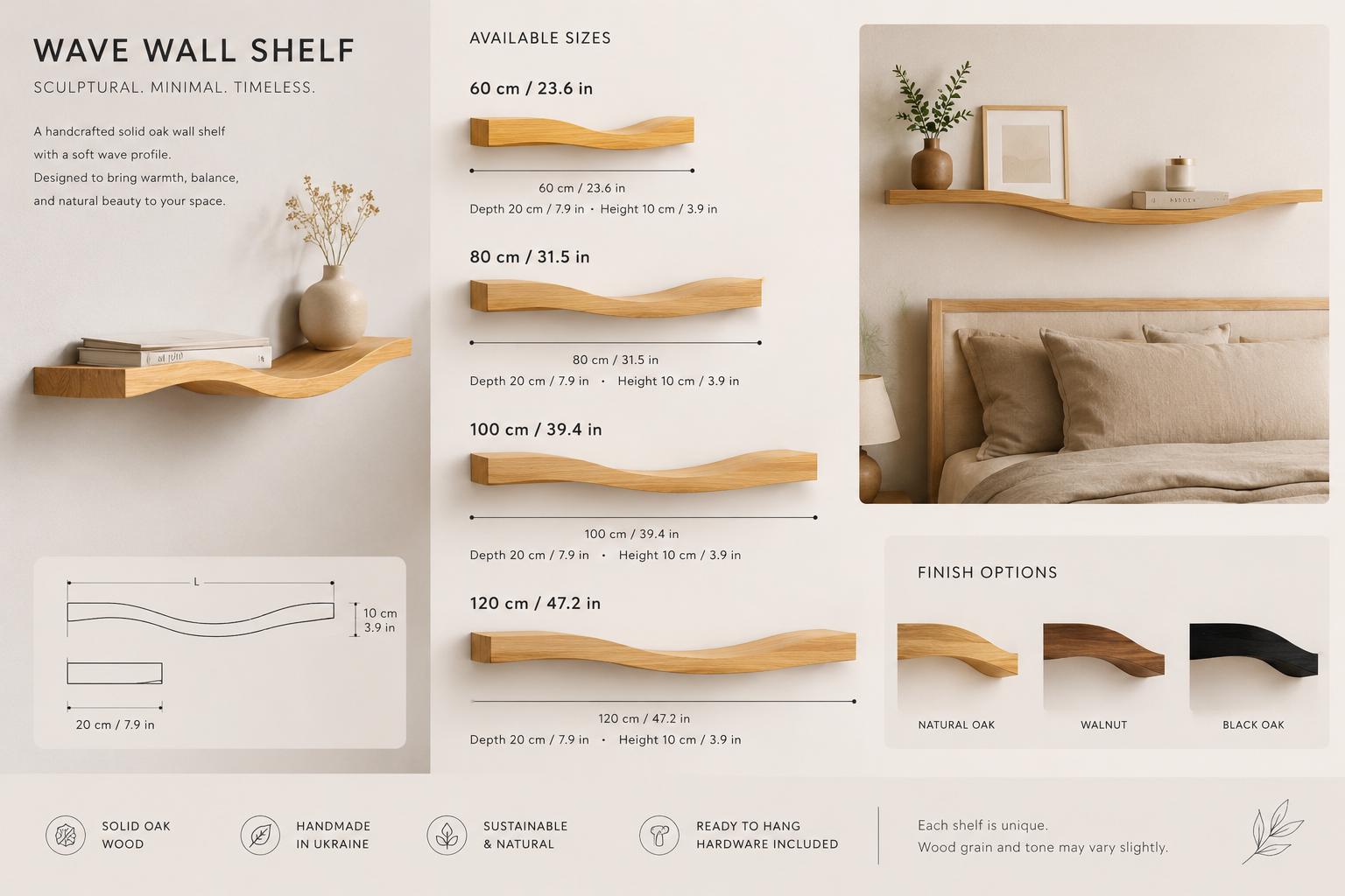 Wave Solid Oak Wall Shelf, Modern Floating Wooden Wall Décor, Minimalist Japandi Display Shelf