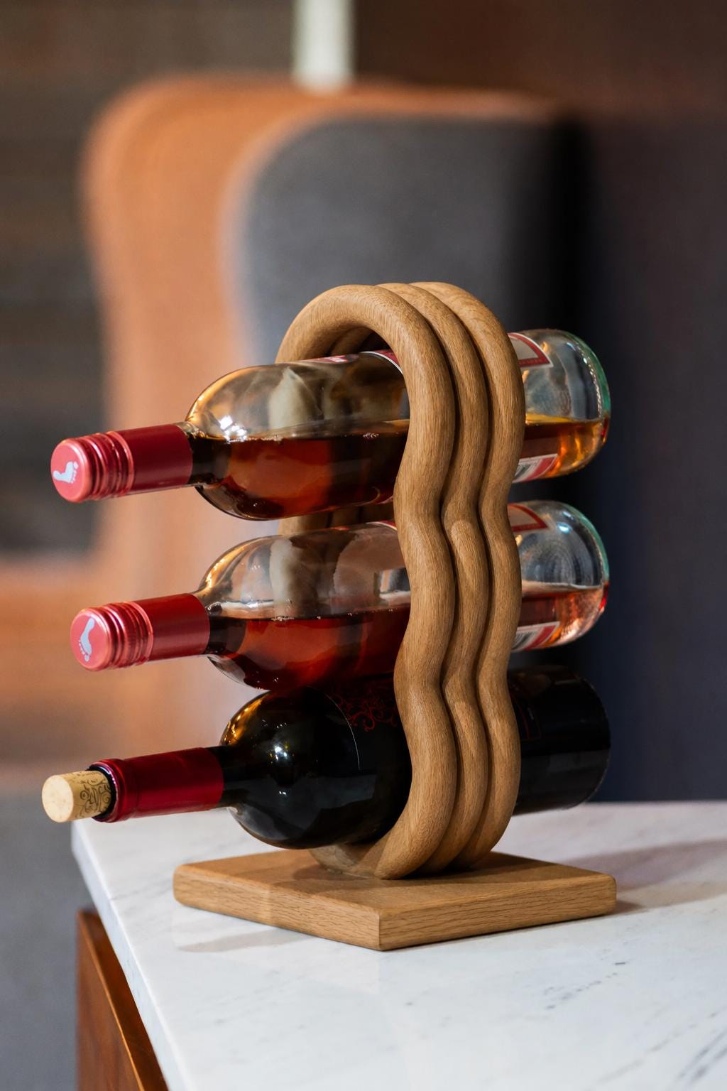 Sculptural Solid Oak Wine Rack, Modern Wave Bottle Holder, Wooden Countertop Wine Rack for 3 Bottles