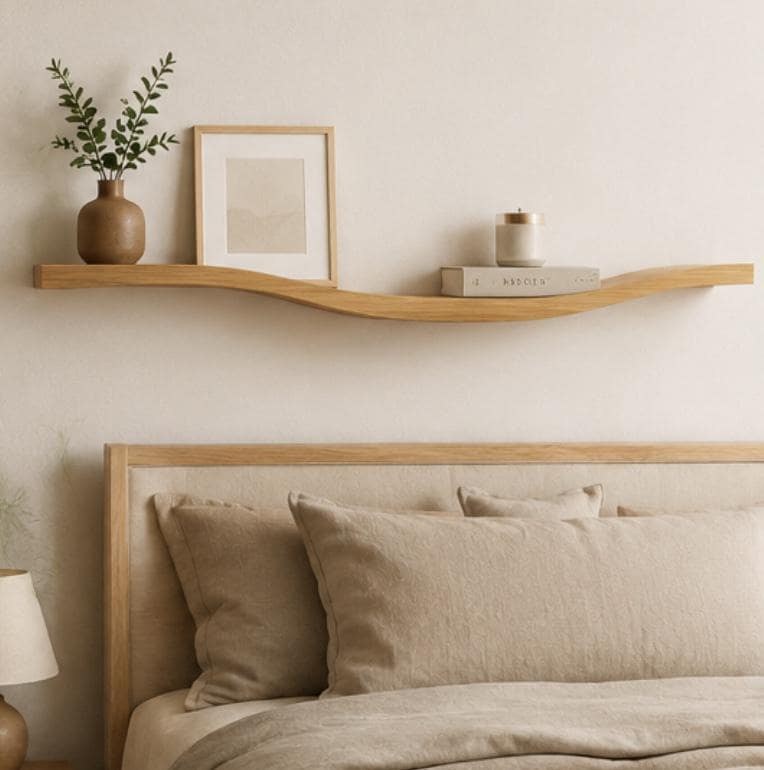 Wave Solid Oak Wall Shelf, Modern Floating Wooden Wall Décor, Minimalist Japandi Display Shelf
