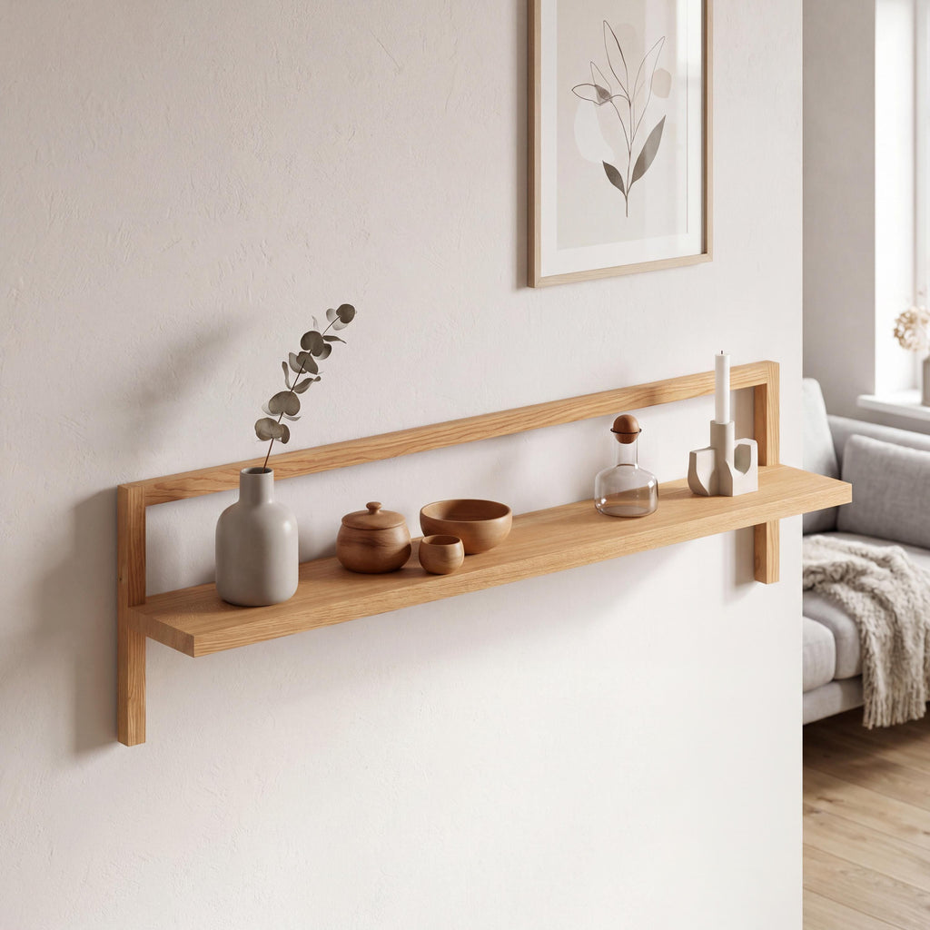 **Solid Oak Floating Shelf with Back Rail, Minimalist Wooden Display Shelf for Modern Homes**