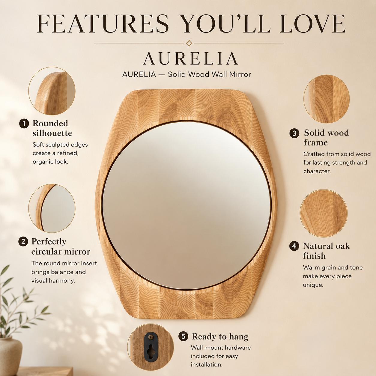 Aurelia Solid Oak Wall Mirror, Handmade Japandi Vanity Mirror, Modern Wooden Bathroom & Entryway Mirror