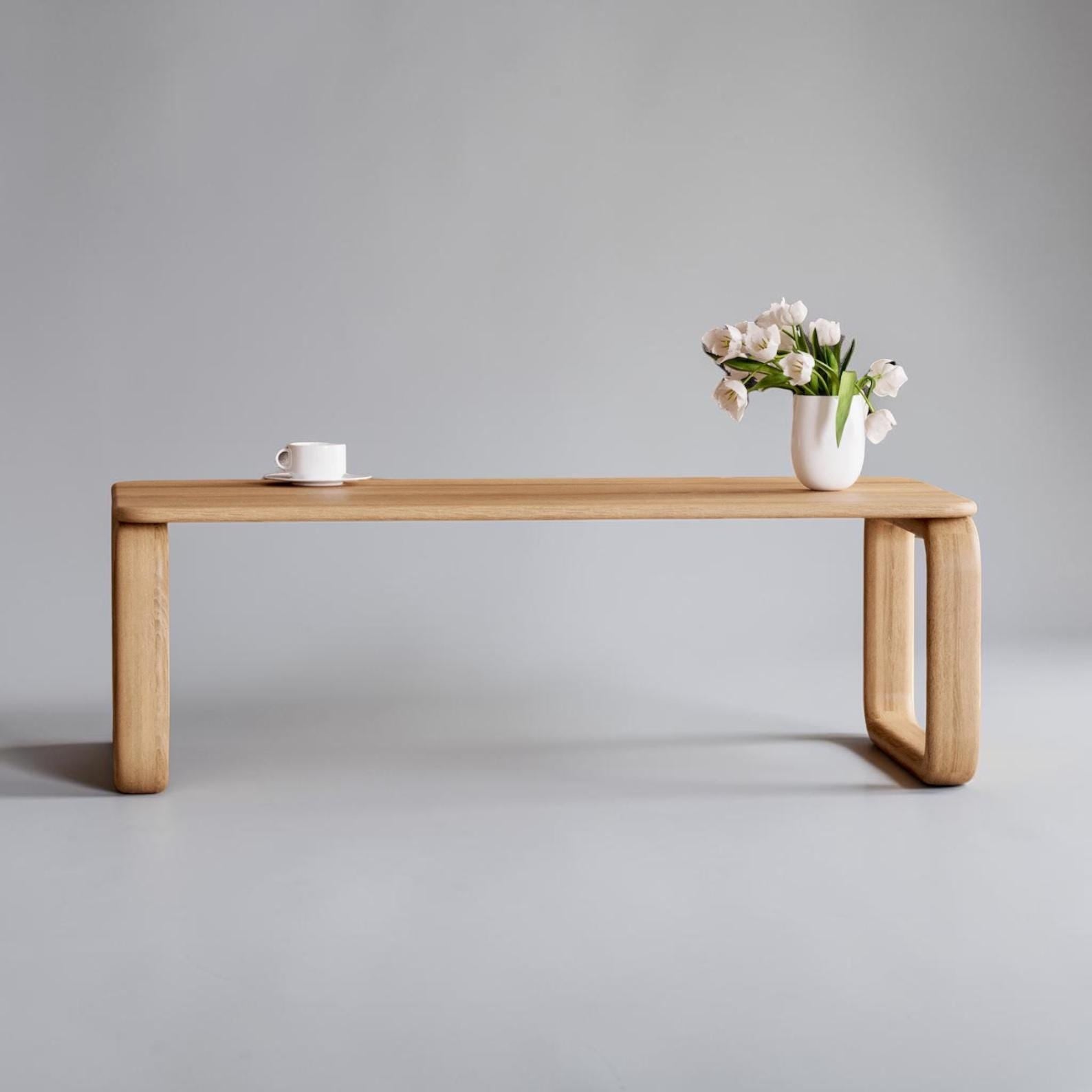 Solid Oak Coffee Table, Scandinavian Japandi Coffee Table with Rounded Legs, Minimalist Wooden Living Room Furniture