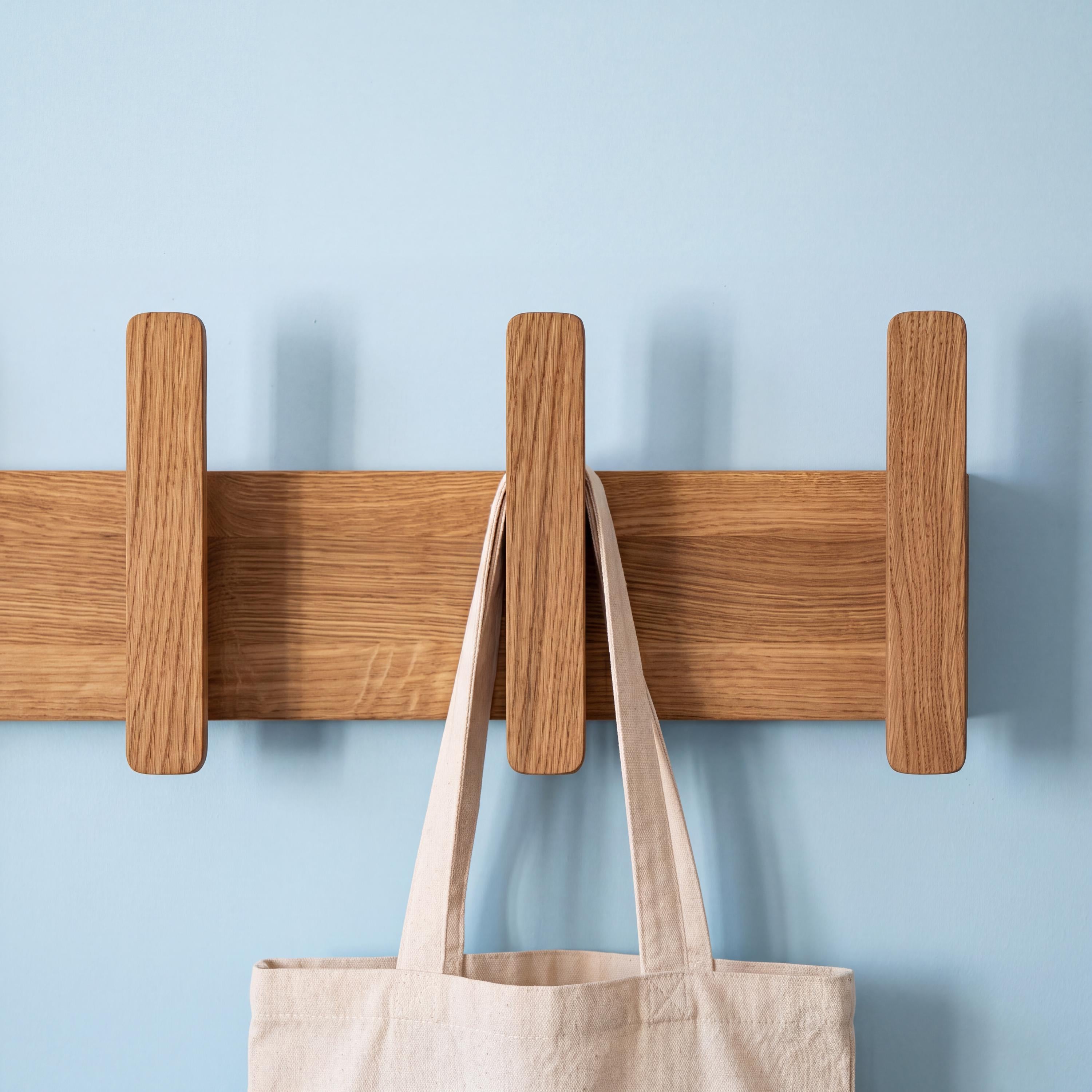 Scandinavian Wooden Wall Coat Rack, Modern Solid Oak Coat Hooks for Entryway, Minimalist Hallway Wall Organizer