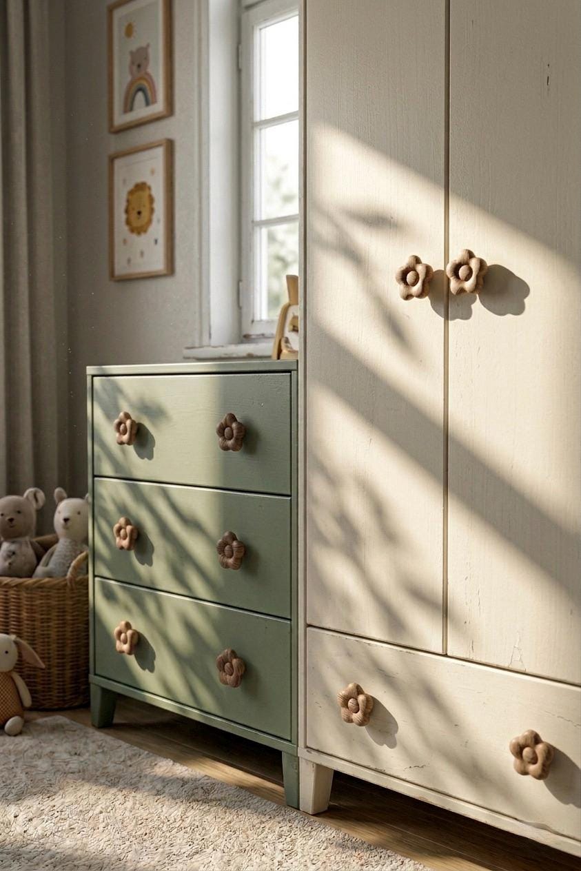 Solid Oak Flower Drawer Knob, Wooden Knob for Kids' Dresser, Decorative Nursery Cabinet Knob