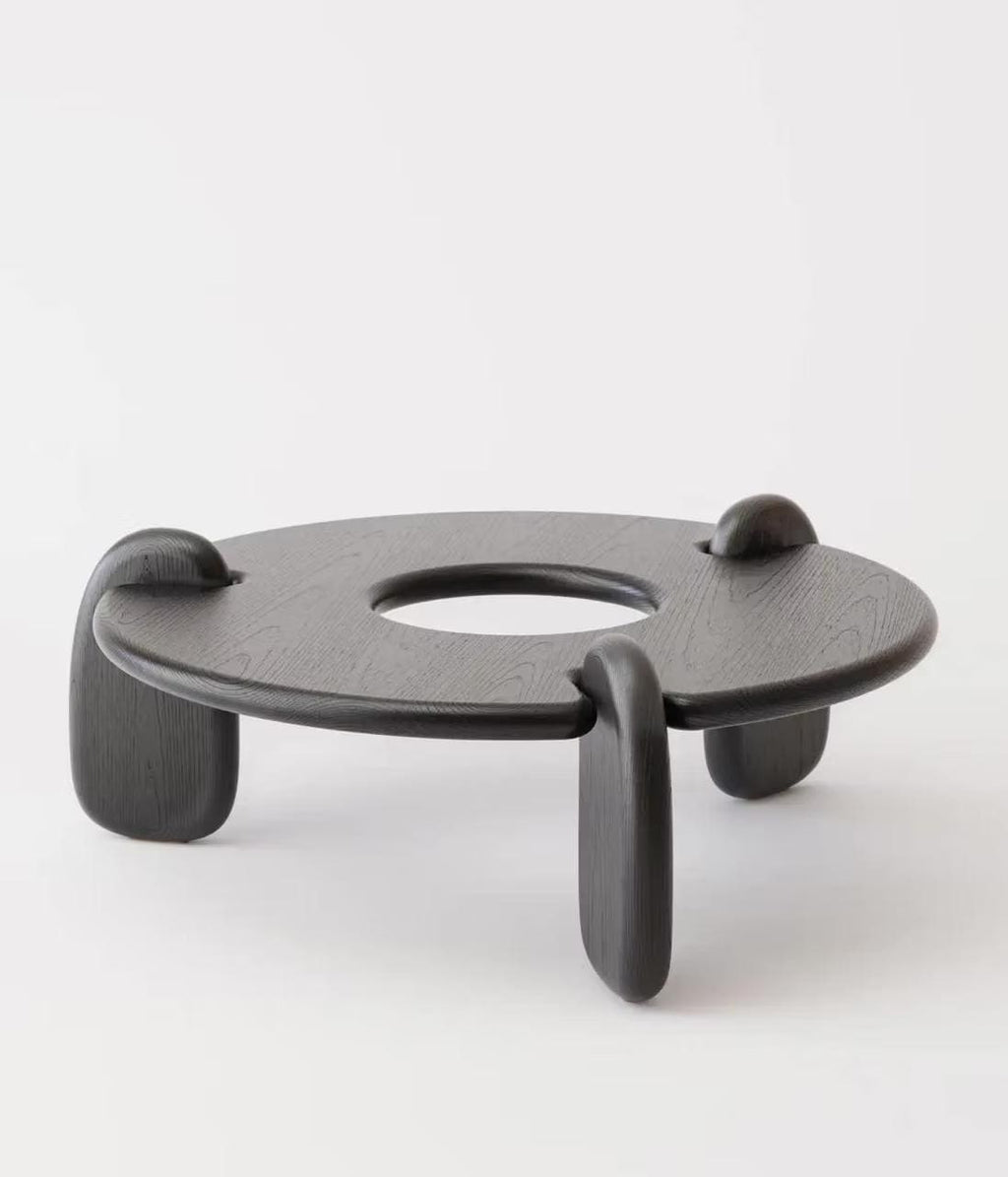 Black Oak Round Coffee Table, Sculptural Japandi Coffee Table, Modern Wooden Living Room Table
