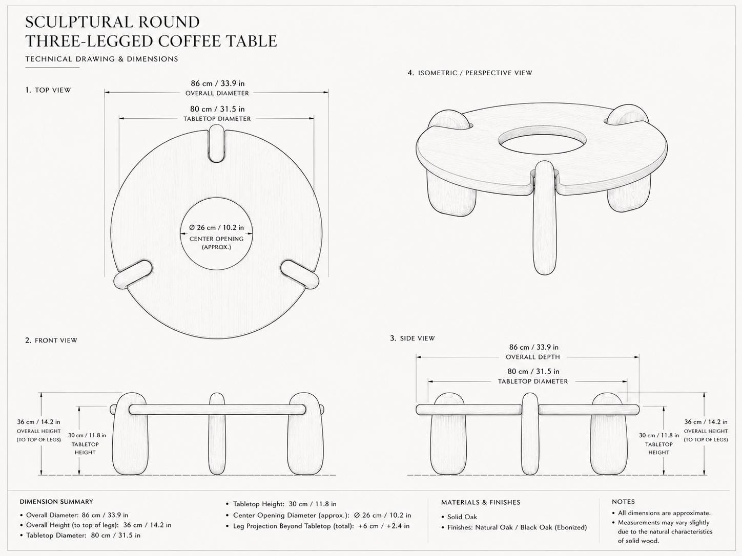 Round Solid Oak Coffee Table, Sculptural Low Japandi Table, Modern Minimalist Living Room Furniture