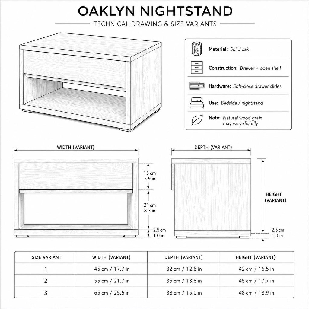 Solid Oak Nightstand with Drawer, Minimalist Bedside Table for Modern Bedrooms