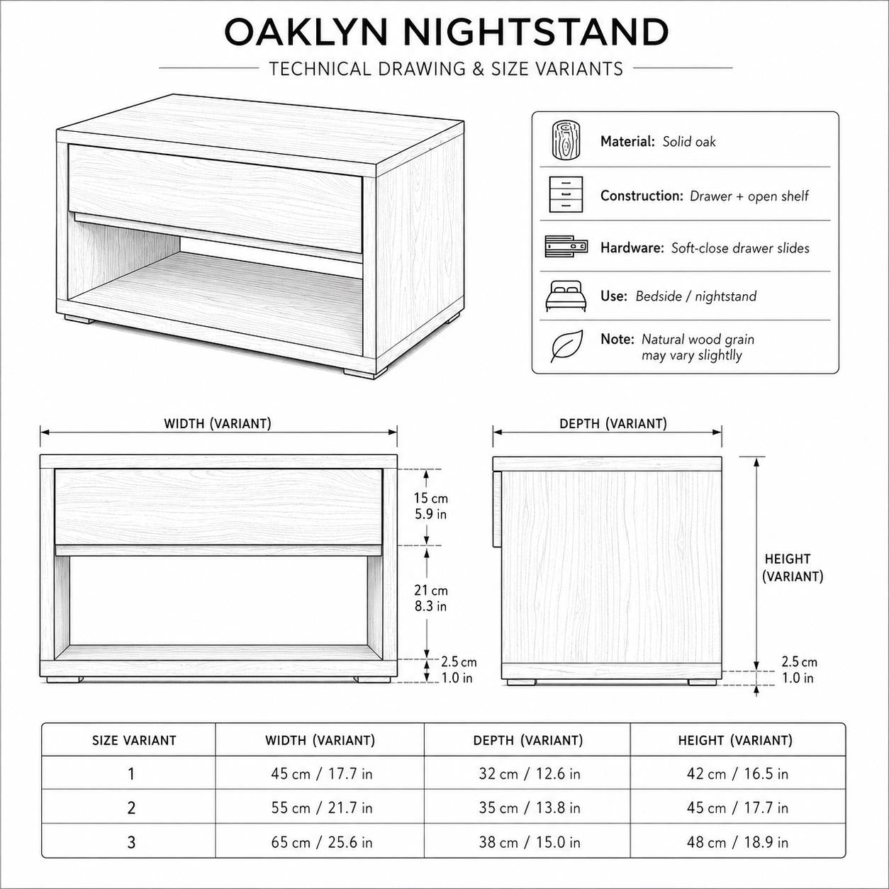 Solid Oak Nightstand with Drawer, Minimalist Bedside Table for Modern Bedrooms
