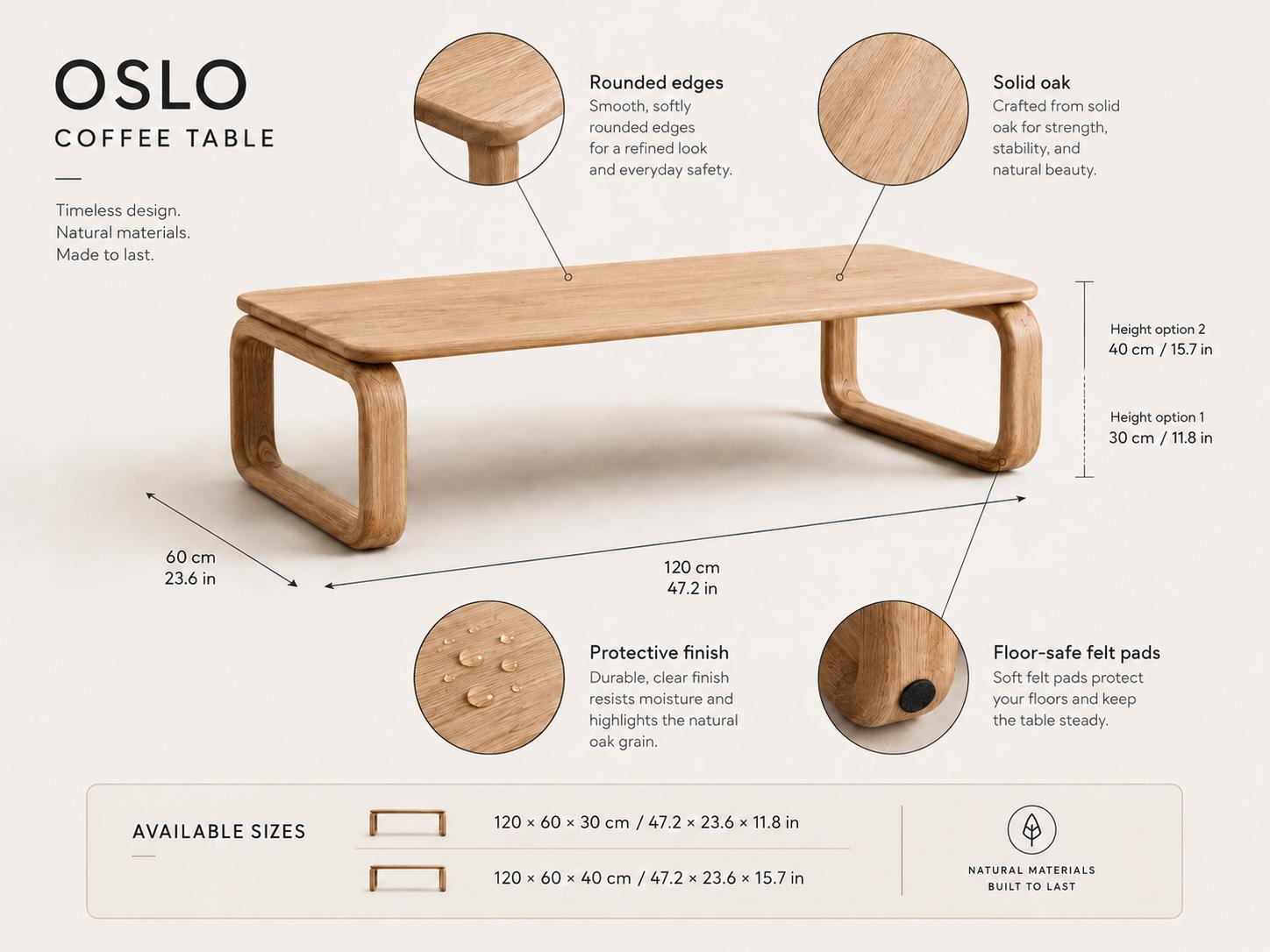 Solid Oak Coffee Table, Scandinavian Japandi Coffee Table with Rounded Legs, Minimalist Wooden Living Room Furniture