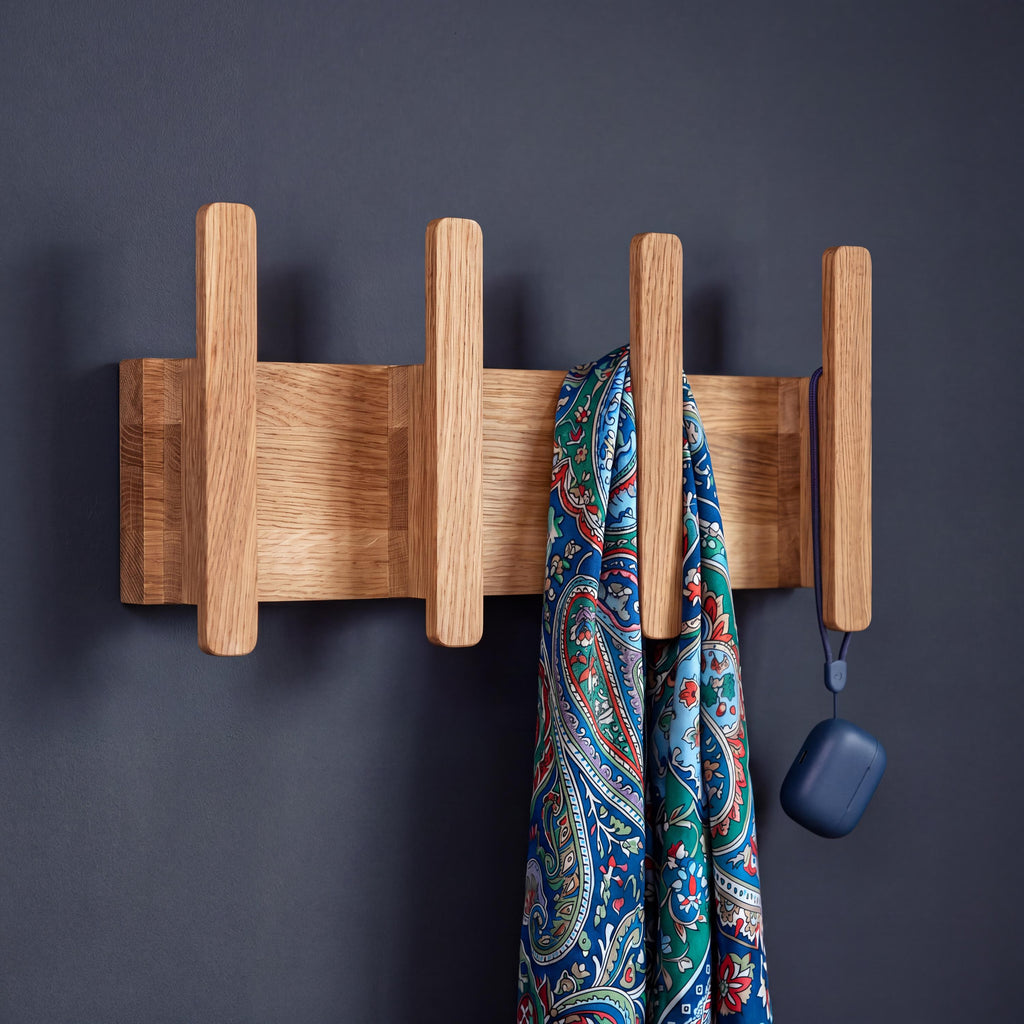 Modern Wooden Wall Coat Rack, Solid Oak Wall Hooks, Scandinavian Entryway Organizer, Minimalist Wall Mounted Coat Rack