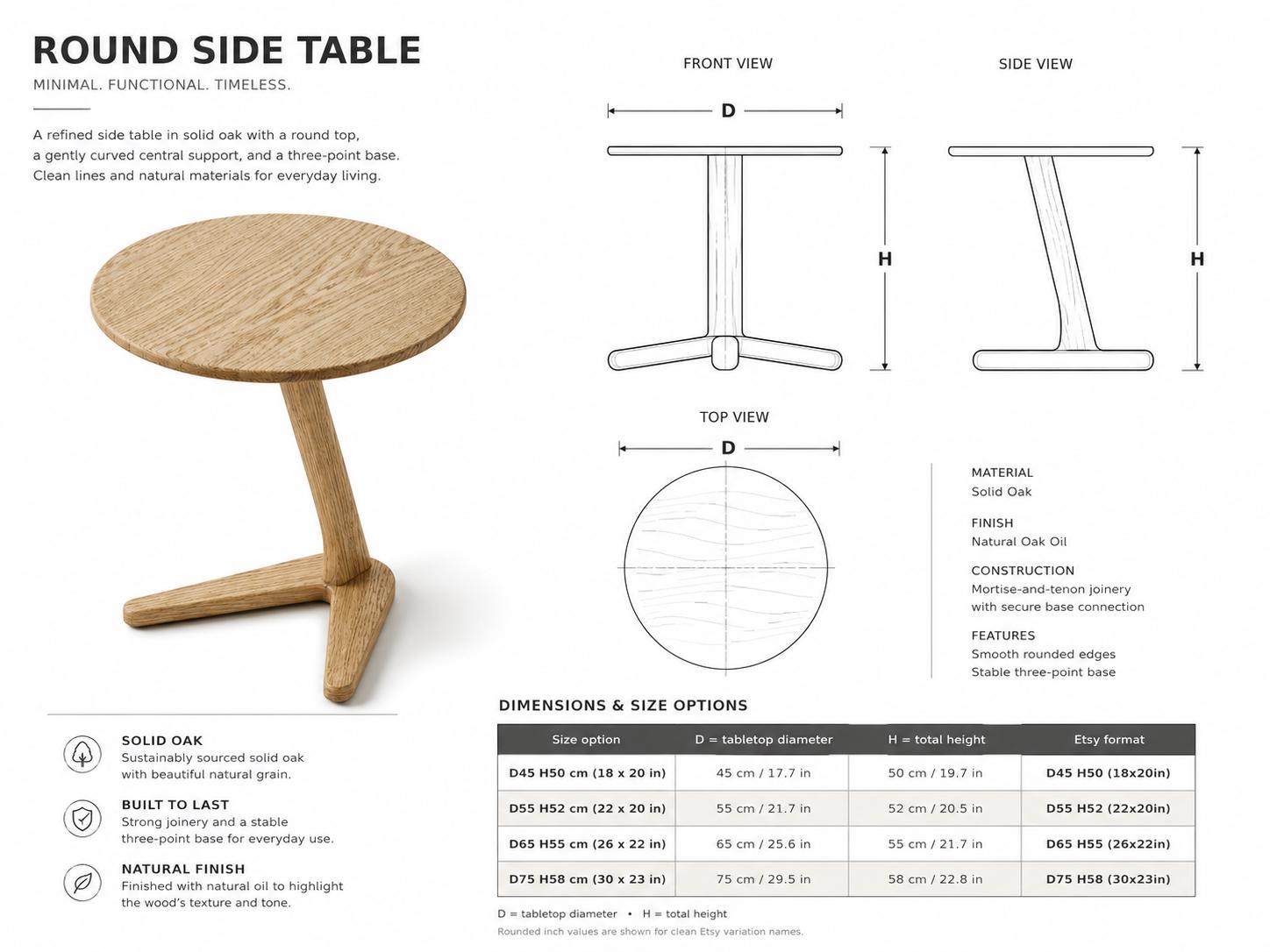 Handcrafted Solid Oak Side Table, Minimalist Wooden Coffee Table
