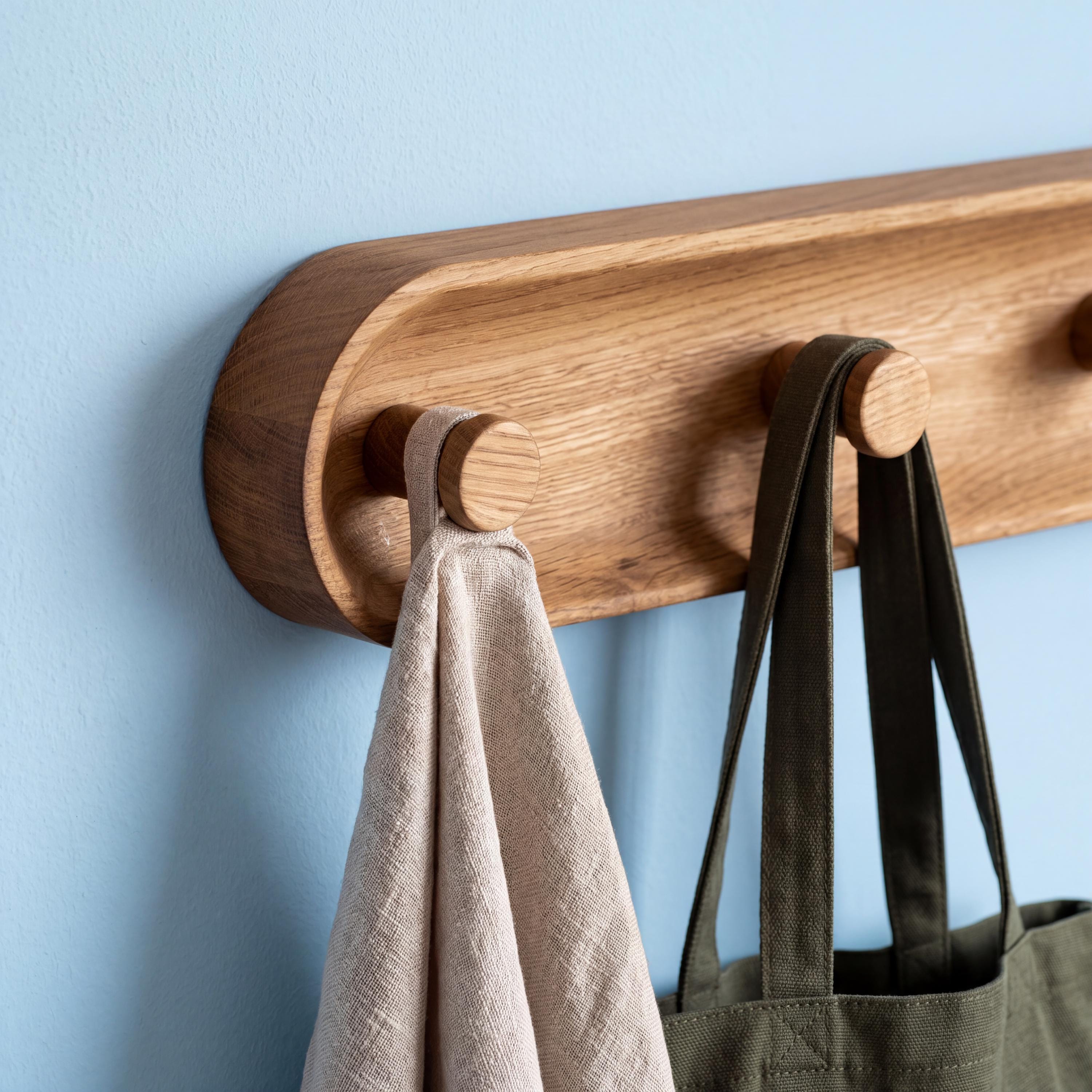 Modern Wooden Wall Coat Rack, Solid Oak Coat Hooks, Scandinavian Entryway Organizer, Minimalist Wall Storage Rack