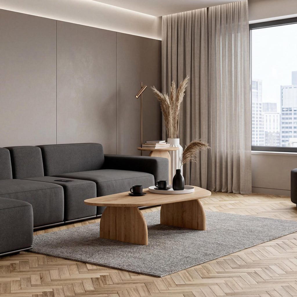 **Solid Oak Coffee Table, Organic Wooden Center Table, Japandi Minimalist Living Room Furniture**