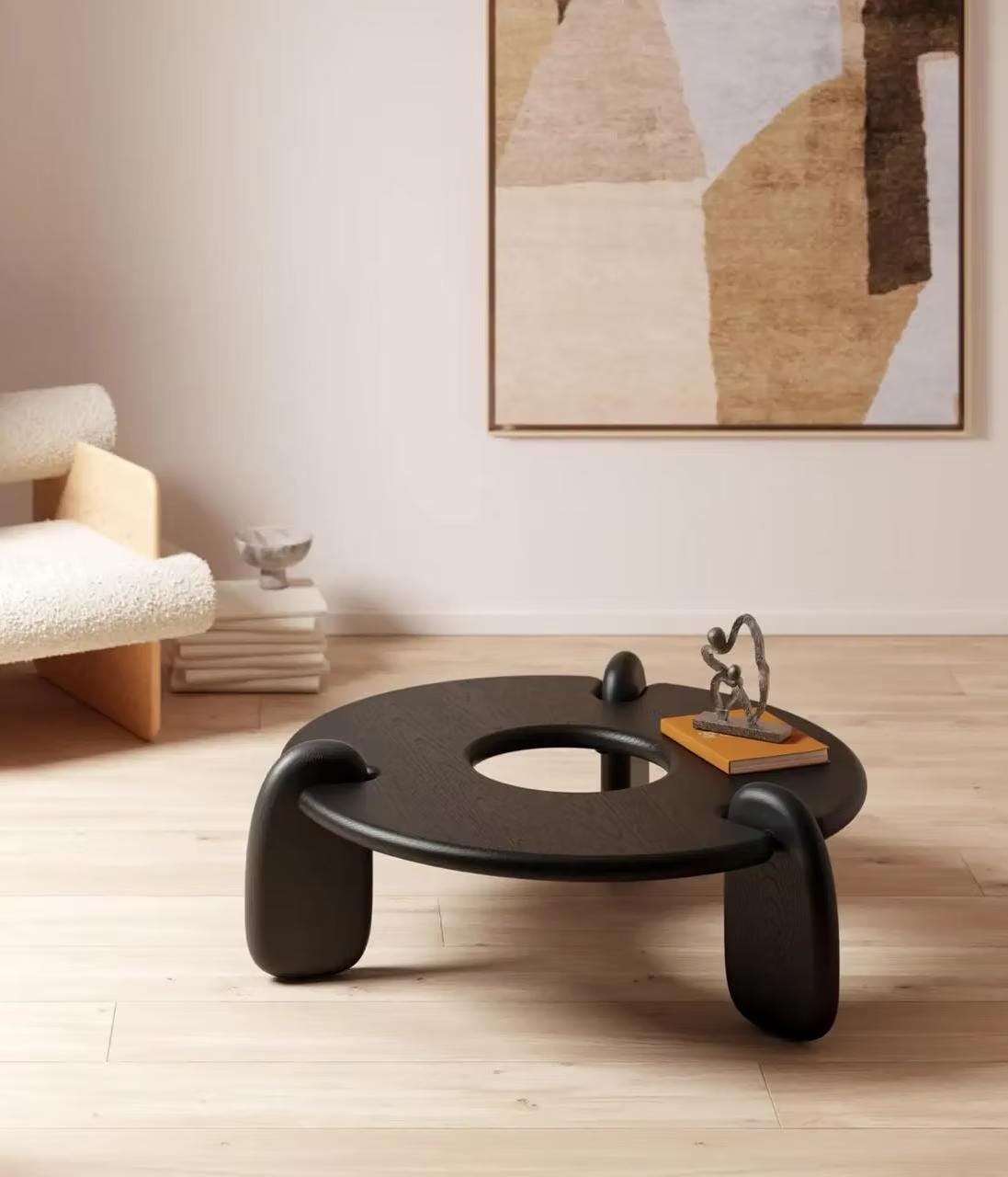 Round Solid Oak Coffee Table, Sculptural Low Japandi Table, Modern Minimalist Living Room Furniture