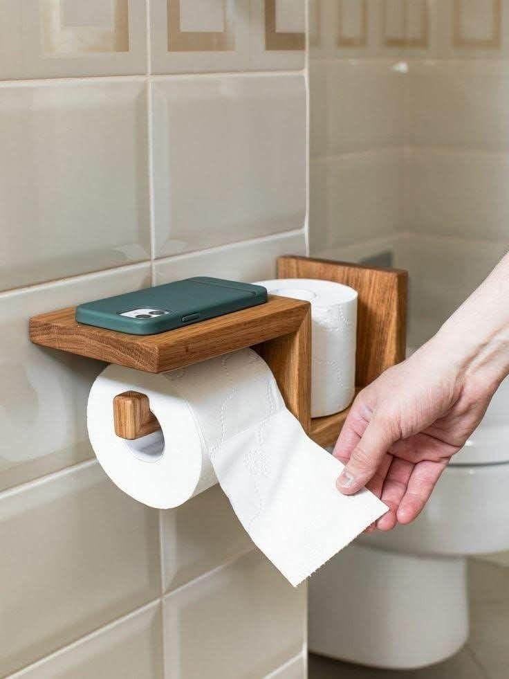 Solid Oak Toilet Paper Holder with Shelf, Wooden Bathroom Organizer, Minimalist Wall Mounted Toilet Roll Holder