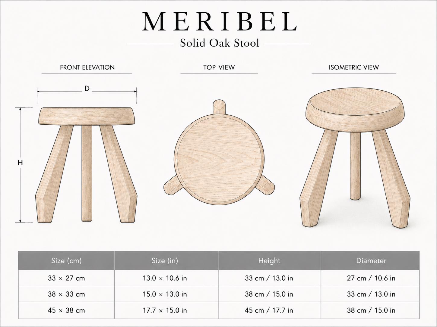 Meribel Solid Oak Stool, Round Wooden Stool Inspired by Charlotte Perriand