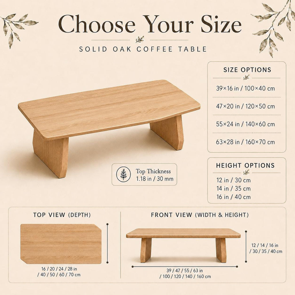 Solid Oak Coffee Table, Low Scandinavian Coffee Table, Handcrafted Japandi Wooden Furniture**