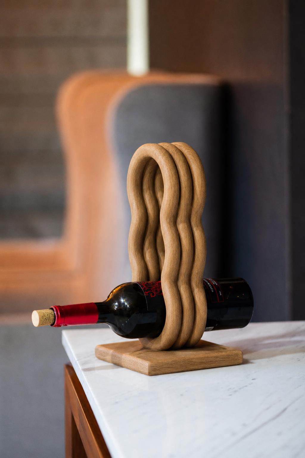Sculptural Solid Oak Wine Rack, Modern Wave Bottle Holder, Wooden Countertop Wine Rack for 3 Bottles