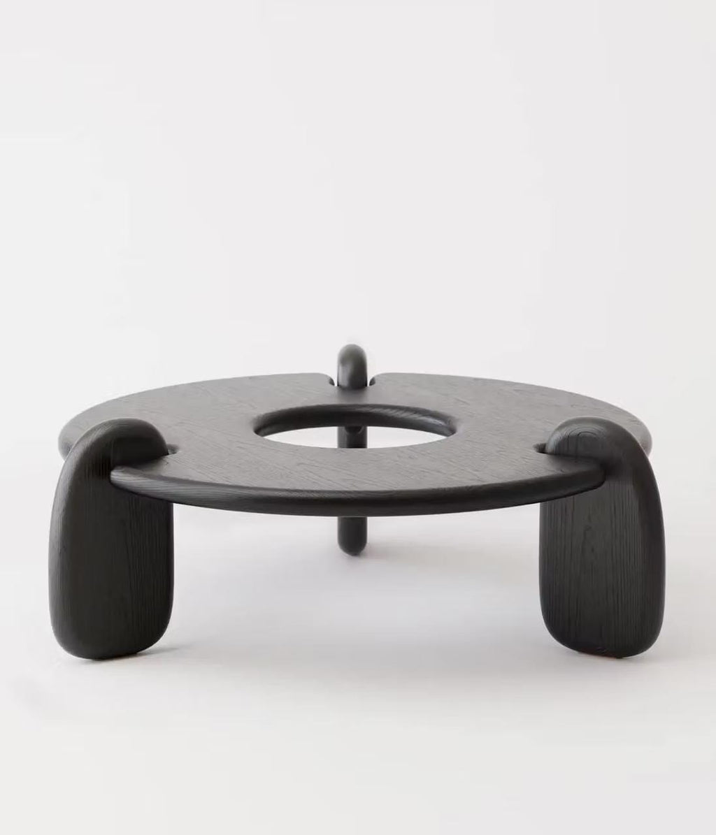 Black Oak Round Coffee Table, Sculptural Japandi Coffee Table, Modern Wooden Living Room Table
