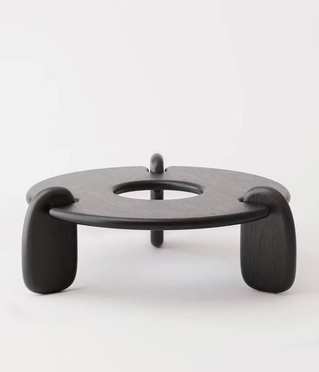 Black Oak Round Coffee Table, Sculptural Japandi Coffee Table, Modern Wooden Living Room Table
