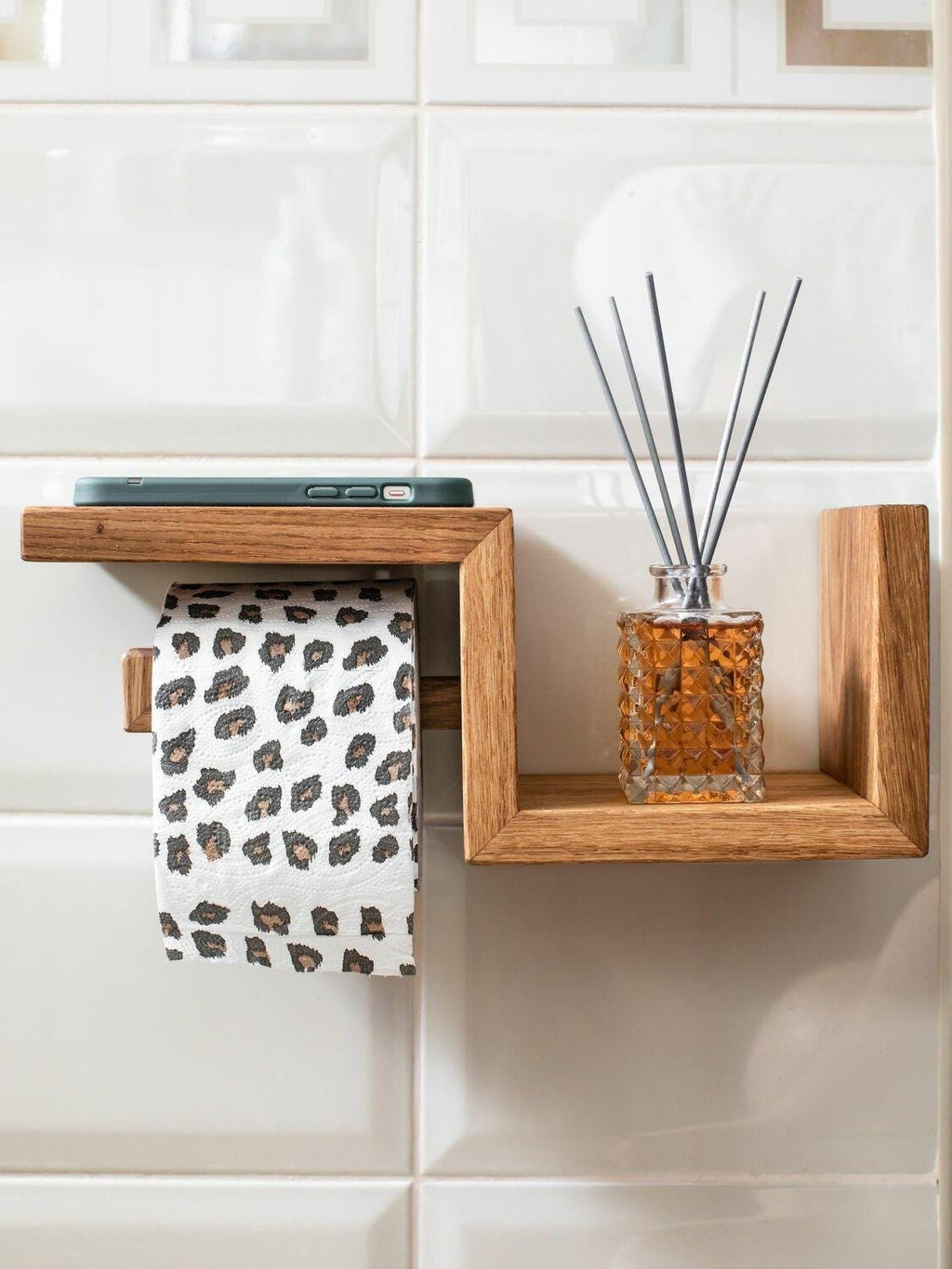 Solid Oak Toilet Paper Holder with Shelf, Wooden Bathroom Organizer, Minimalist Wall Mounted Toilet Roll Holder