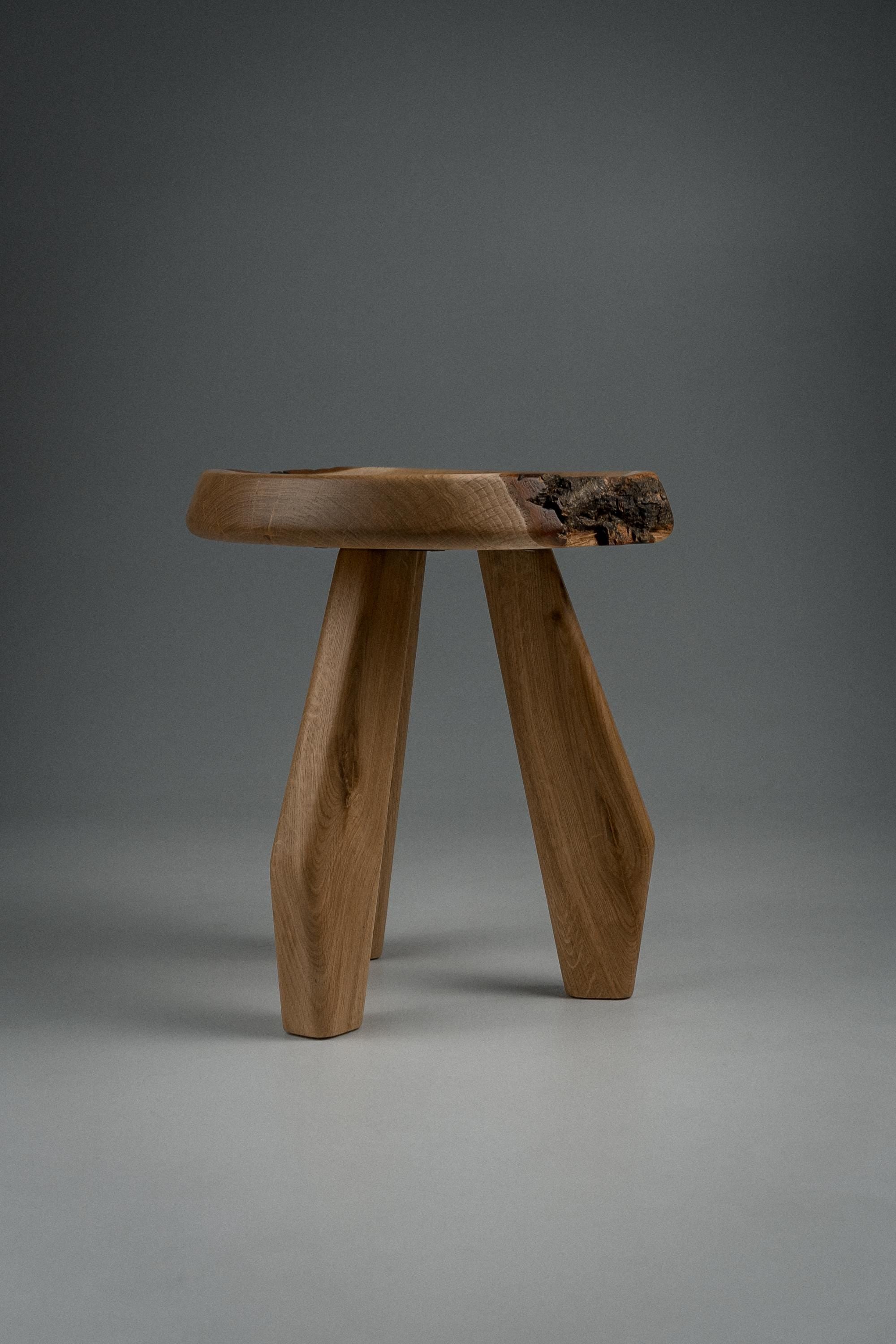 Primitive Solid Oak Stool, Sculptural Wooden Side Table, Rustic Round Seat, Handcrafted Organic Wood Furniture